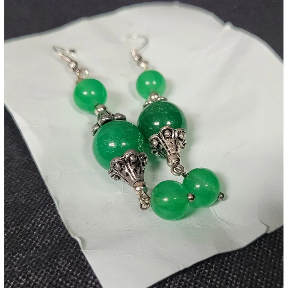 Green Jade Bead Dangle Drop Earrings with Silver-Tone Hardware